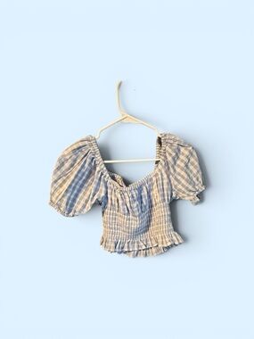 142–Japna Blue Gingham Smocked Puff-Sleeve Crop Top